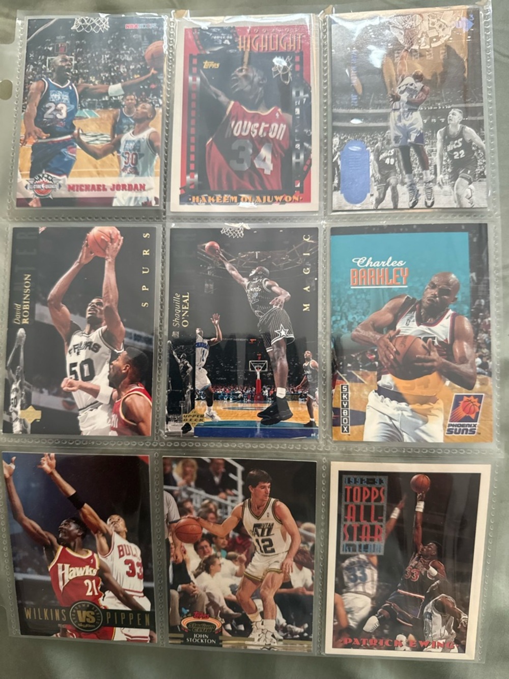 NBA 1990s Top 9 player cards, New just opened packages Jordan, Olajuwon, Malone.
